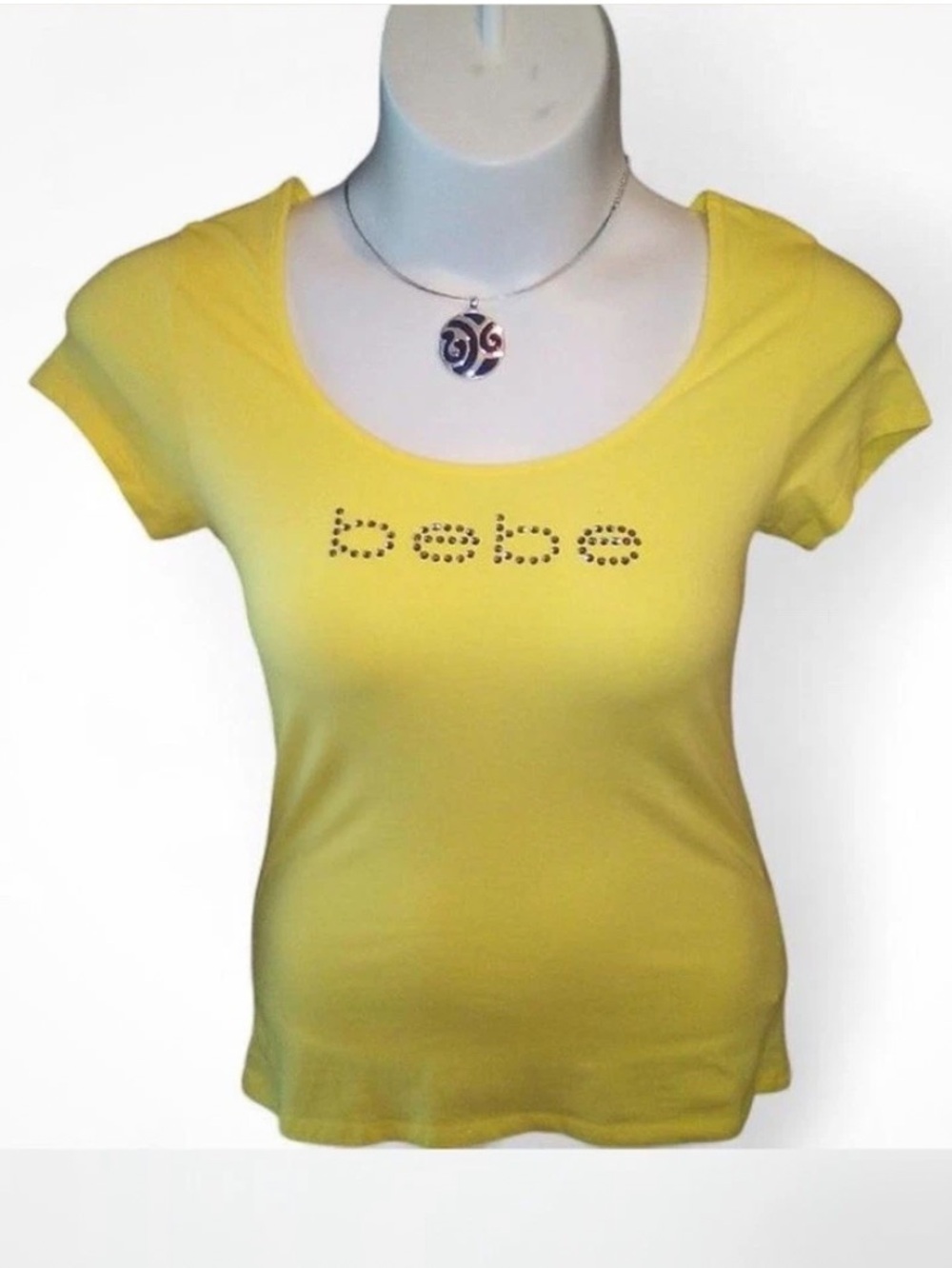 bebe Yellow Scoop Neck Short Sleeve Tee with Rhinestone Logo